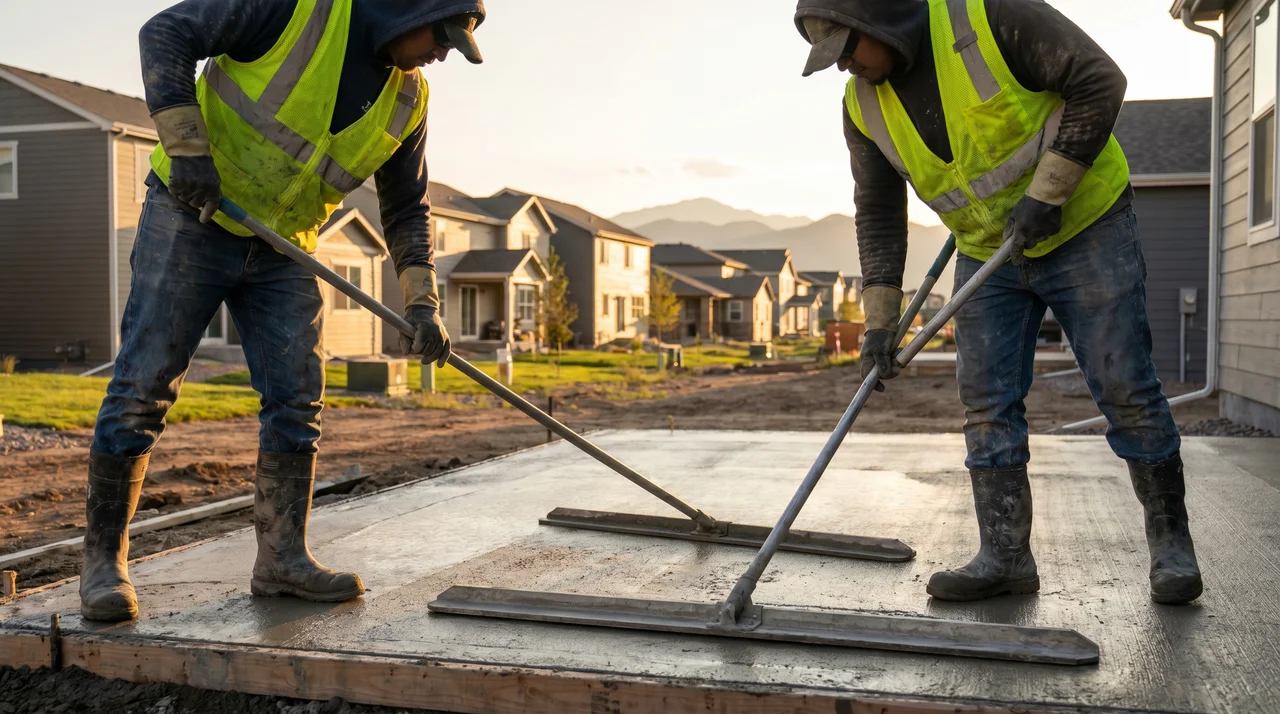 Concrete Contractors Colorado Springs crew finishing a freshly poured concrete slab